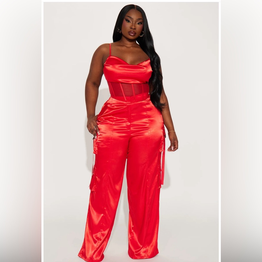 SALE Fashion Nova Red Satin Wide Leg Set SET FOR BUY NOW